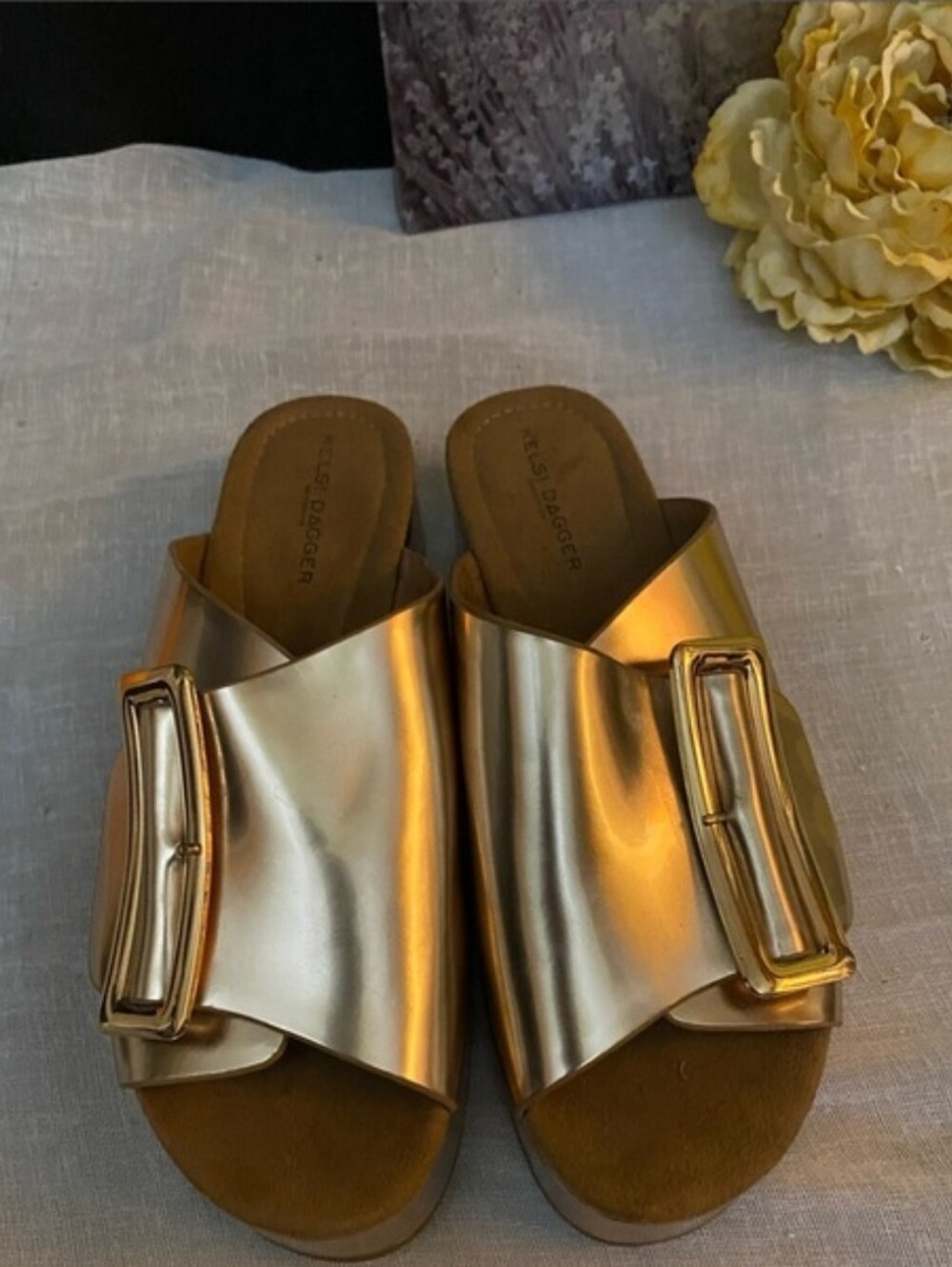 Kelsi Dagger Metallic Gold Slide Sandals with Buckle
